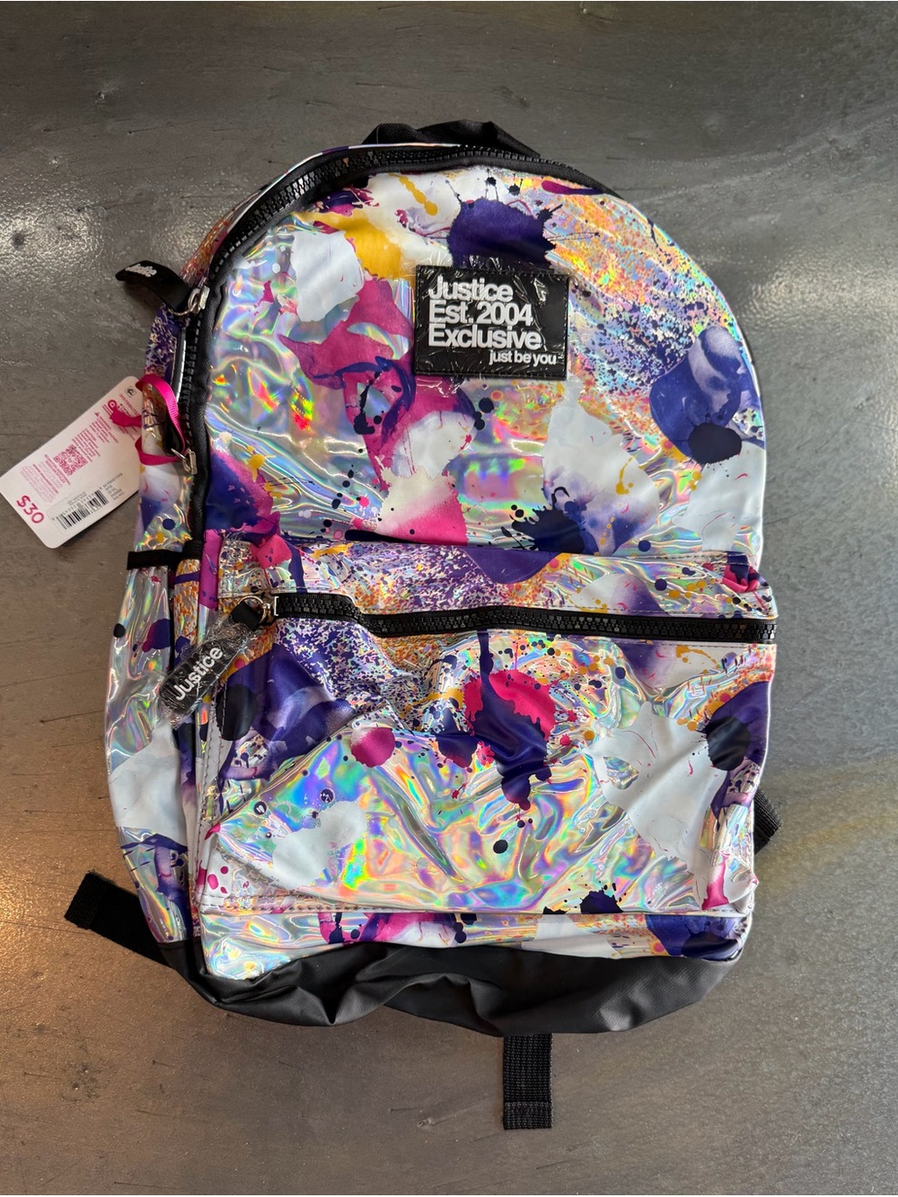 Justice Holographic Paint-Splash Backpack in Purple, Pink & Yellow